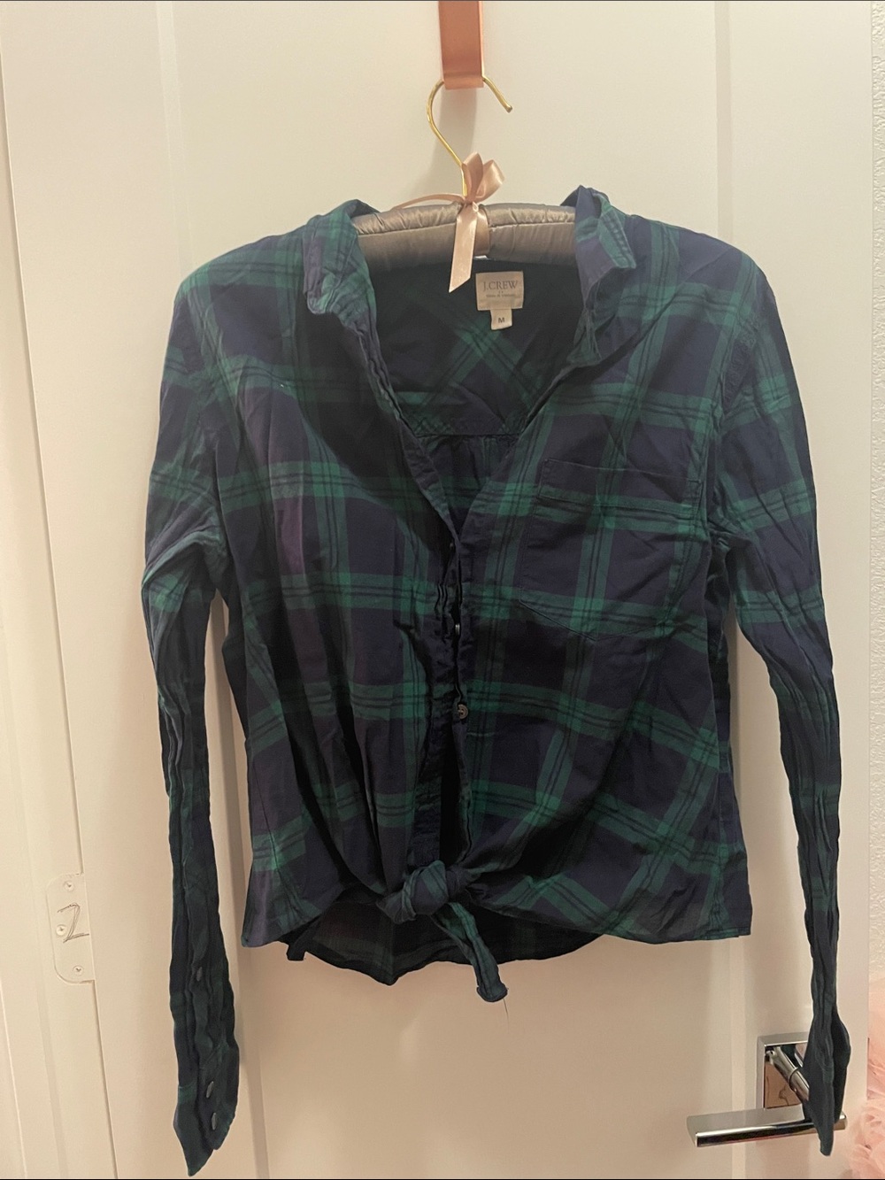 J. Crew Navy and Green Blackwatch Plaid Tie-Hem Button-Down Shirt